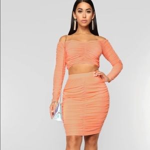 Peach ruched Skirt and top set